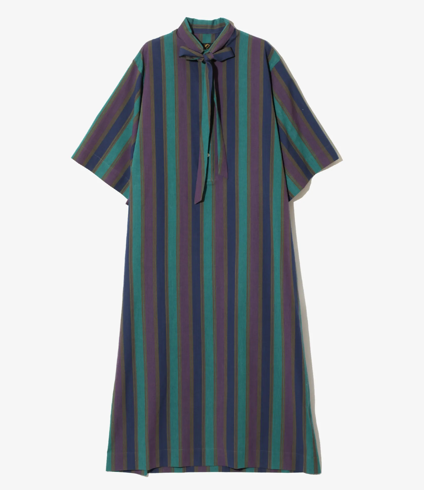 Ascot Collar Dress - Green - Cotton Lawn Stripe