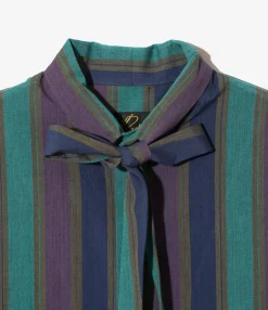 Ascot Collar Dress - Green - Cotton Lawn Stripe