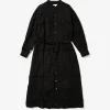 Banded Collar Dress - Black Cotton Fringe Patchwork
