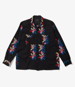 Classic Shirt - Black Cotton Floral Embroidery Sheeting