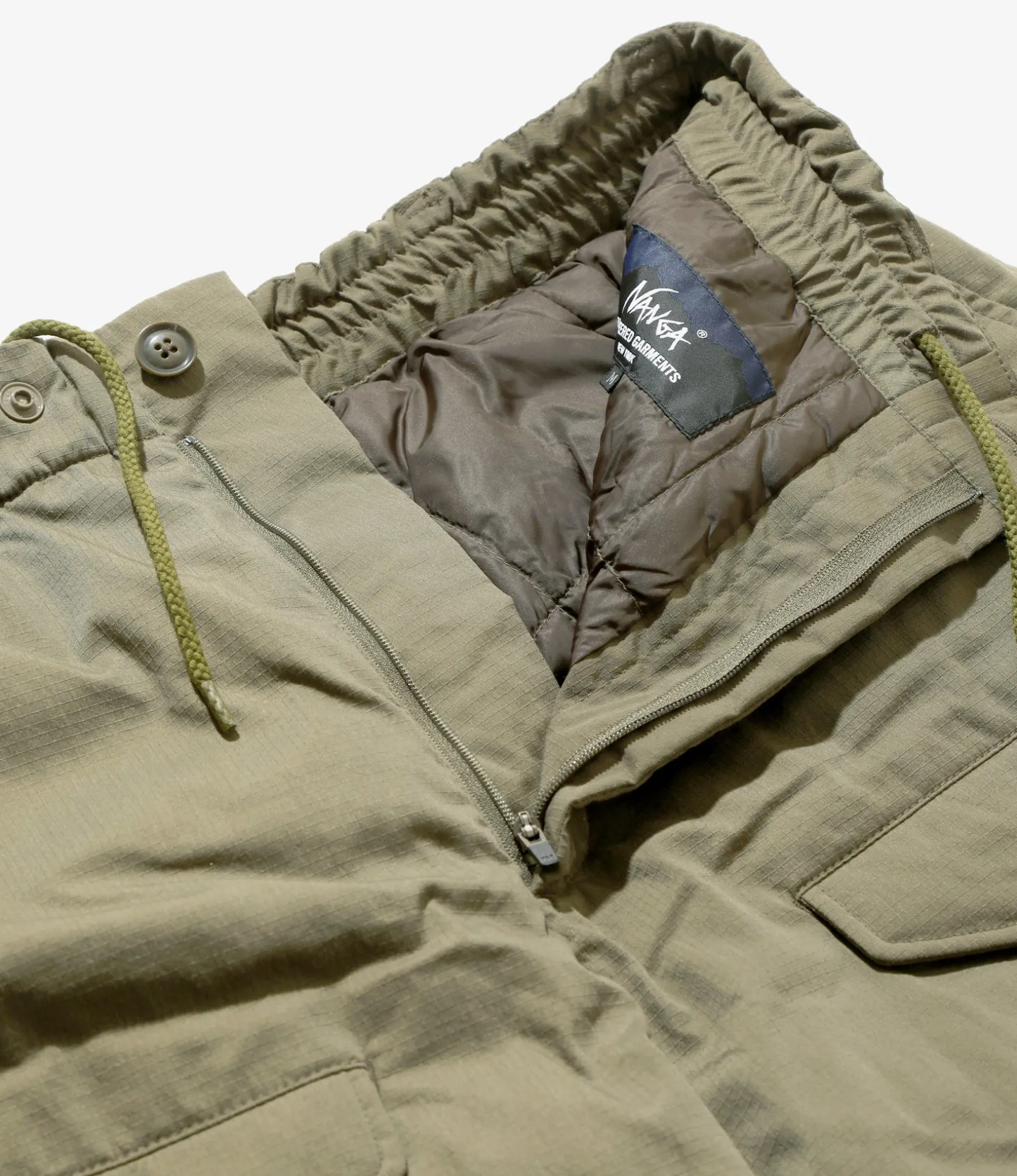 Engineered Garments x Nanga - Airborne Down Pant - Khaki - Flame Resistant Polyester Aramid Ripstop