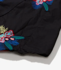 Flared Shirt - Black Cotton Floral Embroidery Sheeting