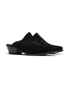 Heeled Papillon Stitched Mule - Black Suede