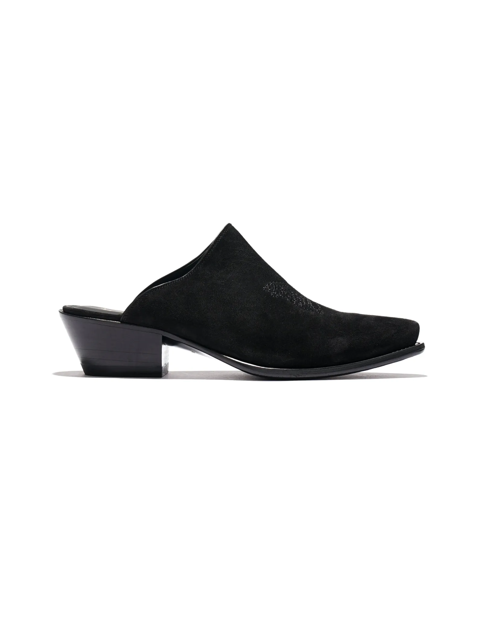 Heeled Papillon Stitched Mule - Black Suede