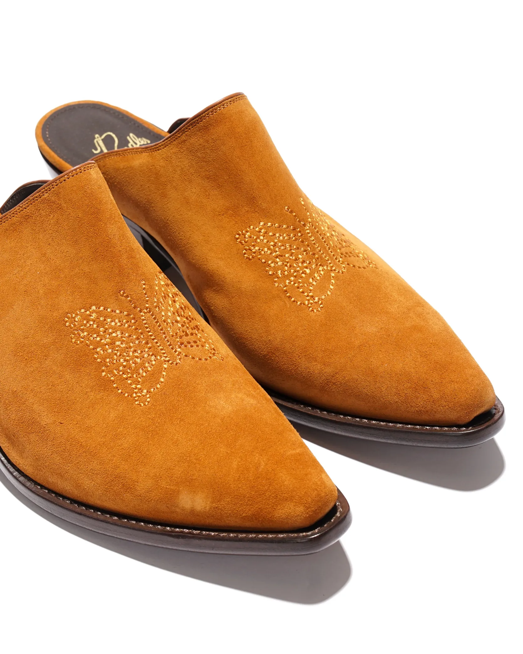 Heeled Papillon Stitched Mule - Brown Suede