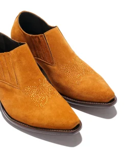 Heeled Papillon Stitched Cowboy Shoe - Brown Suede