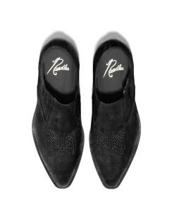 Heeled Papillon Stitched Cowboy Shoe - Black Suede