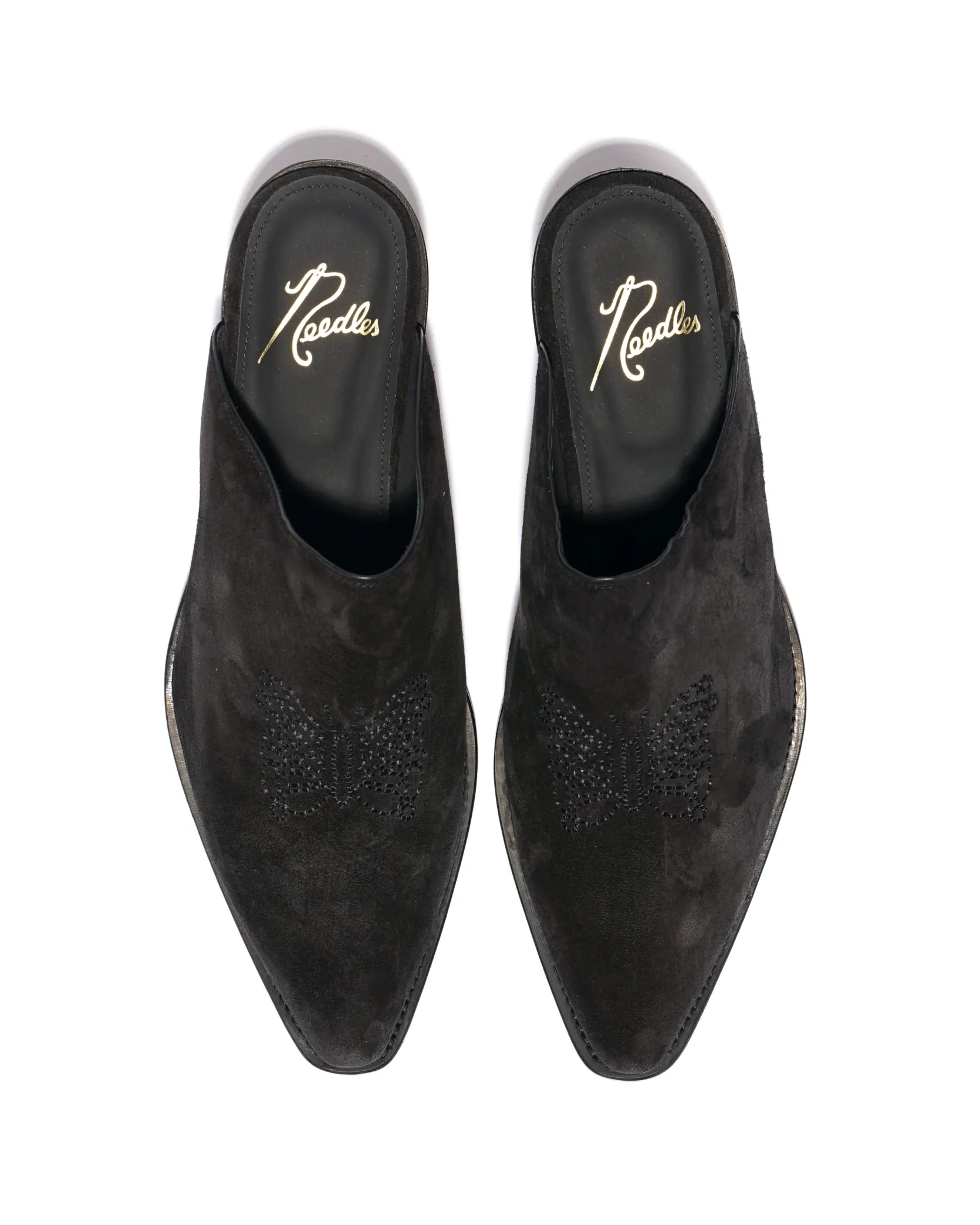 Heeled Papillon Stitched Mule - Black Suede