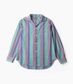Italian Collar Shirt - Green - Cotton Lawn Stripe