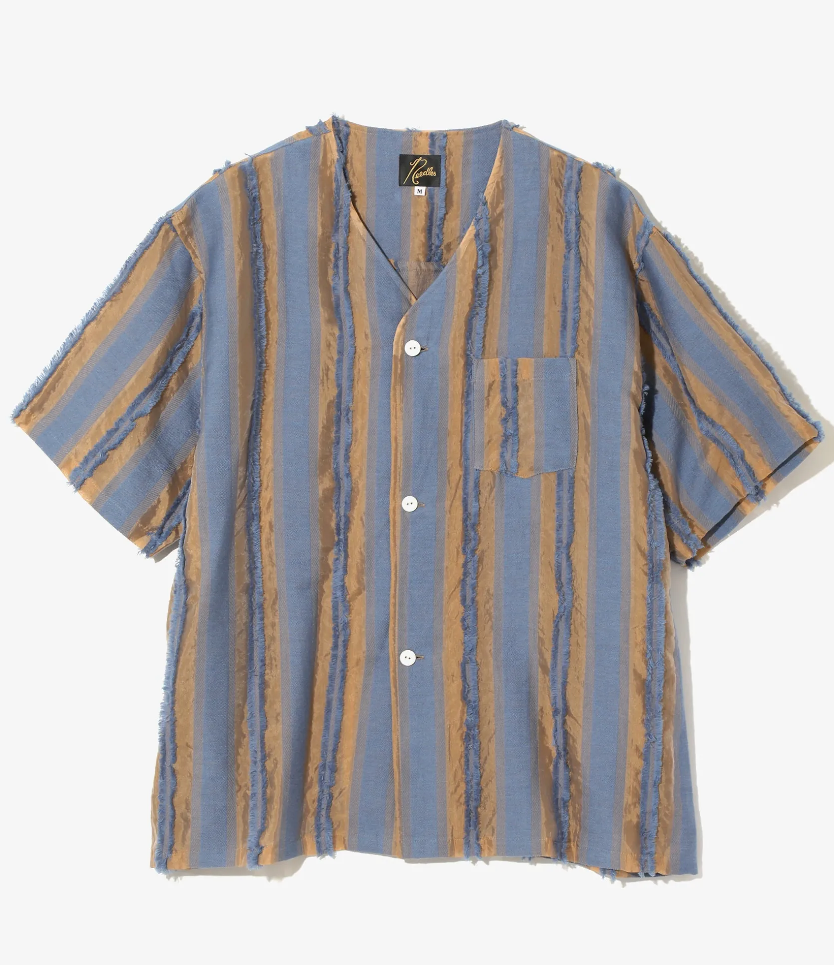 S/S V-Neck Shirt - Beige/Blue - Stripe Cut Jacquard
