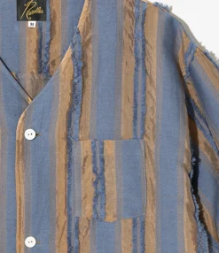 S/S V-Neck Shirt - Beige/Blue - Stripe Cut Jacquard