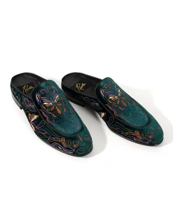 Velvet Mule Papillon Embroidery - Green