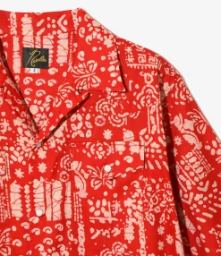 Western Shirt Dress - Red - Printed Cotton Lawn / Batik