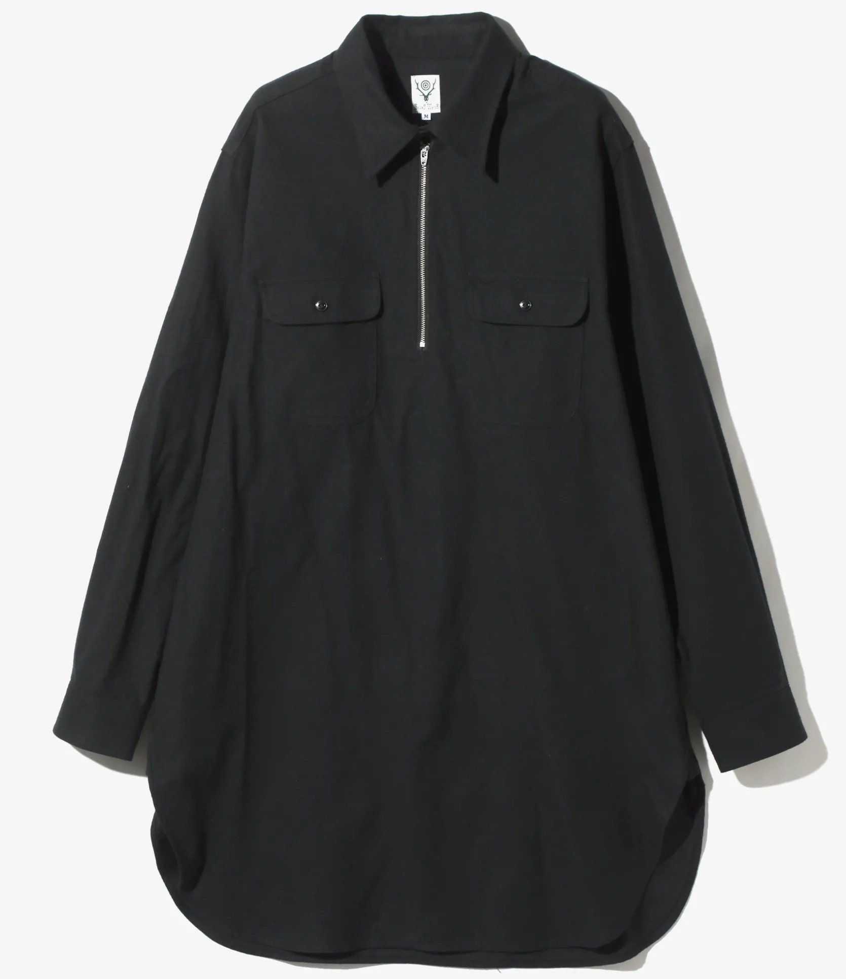 Zipped Pullover Long Shirt - Black - Cotton Flannel Twill